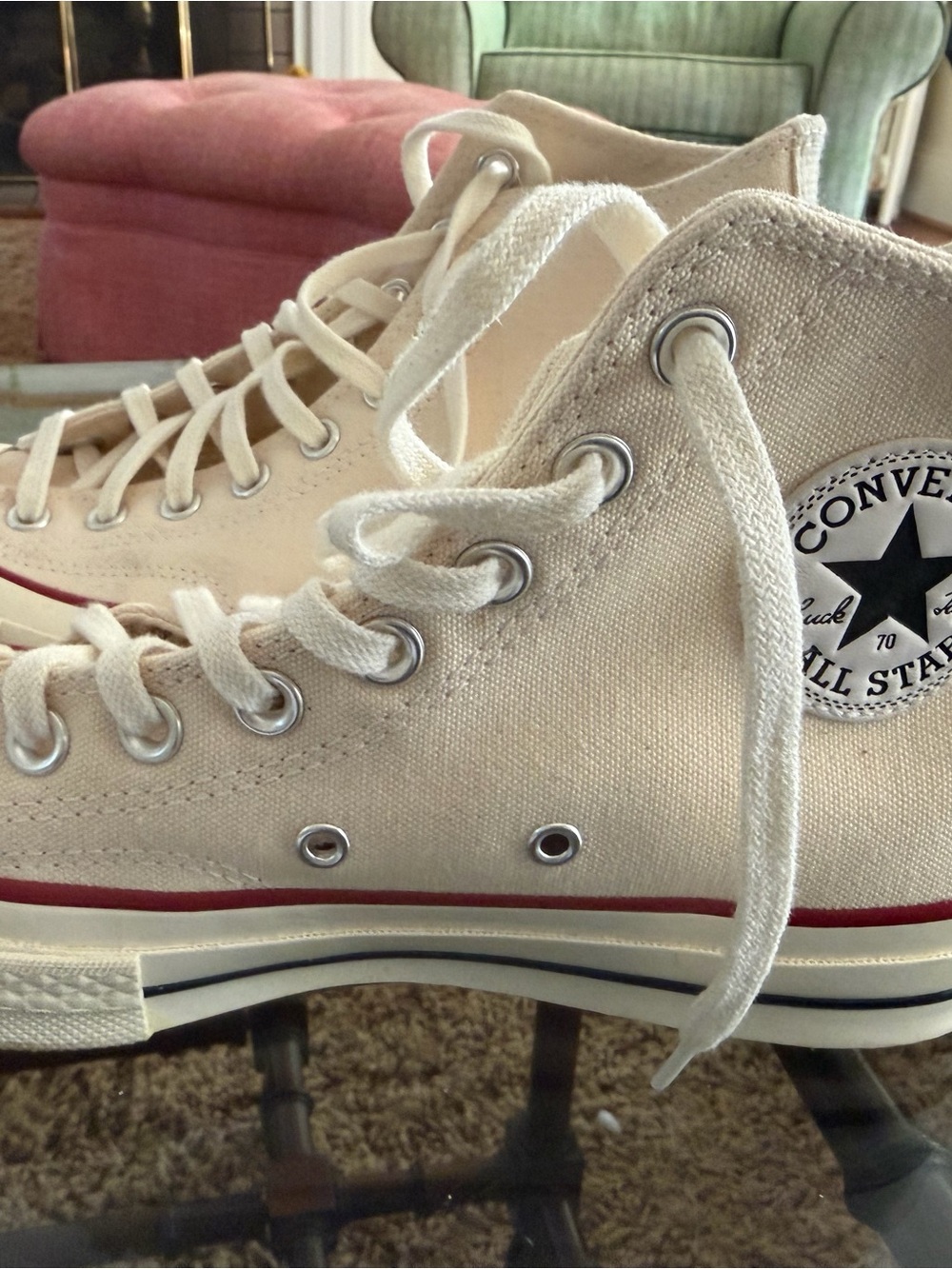 Converse High Top Sneakers in Cream with Red Trim like new 8 1/2